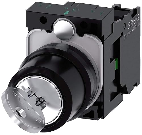 Siemens 3SU11004BF111BA0 Key-Operated Switch, Complete Unit, 22mm, Plastic, Silver, 2 Positions O-I, Maintained, RONIS Lock SB30, Includes 2 Keys, 1NO, Screw Terminal - Poueer