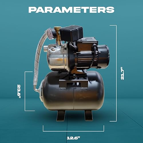 PS&W 1.5HP Shallow Well Pump with Pressure Tank, 1500GPH, 115V, Stainless Steel Irrigation Pump, Automatic Water Booster Jet Pump for Home, Garden, Lawn - Poueer