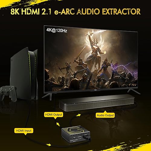 4K@120Hz HDMI 2.1 eARC Audio Extractor Converter,HDMI to eARC,ARC,SPDIF Optical,7.1/5.1CH,Supports VRR,VLLM,CEC,Dolby Digital,Audio De-embed,HDCP 2.2/2.3 Bypass,Compatible with PS5,Xbox - Poueer