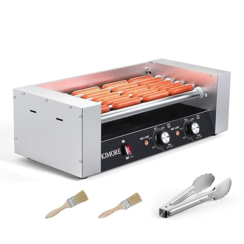 7-Roller Hot Dog Roller Machine with Dual Temperature Control, Holds 18 Hot Dogs, Non-Stick & Stainless Steel, LED Light, for Parties, Events & Food Stalls 1050W - Poueer