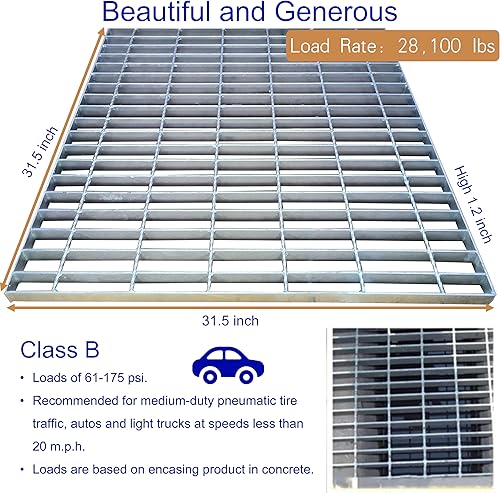 Galvanized Steel Drain Grate with Base, 16x16 Outdoor Drain Cover and Frame, B Class Sewer Grate with Lip, Durable Heavy Duty Channel Grate, Sliver Square Drainage Grate Driveway - Poueer