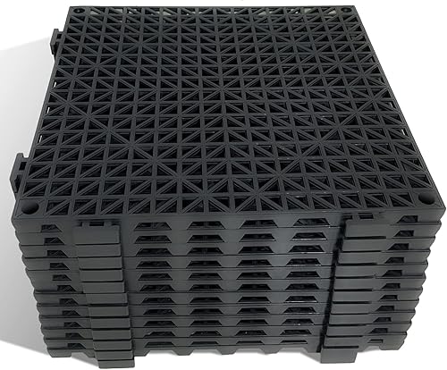 12 Pack Modular Interlocking Cushion 11.6' x 11.6' Rubber Mat Floor Tile Mats Drain Pool Patio Balcony Yard Pet Area Washer Pad(Black) - Poueer