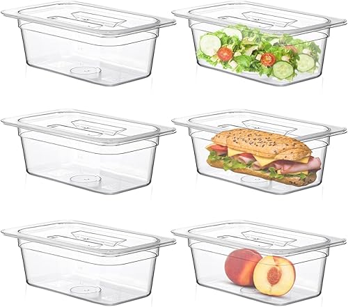 6 Pack 4'' Deep Plastic Clear Food Pan with Lids,Commercial Stackable Polycarbonate Pan with Capacity Indicator,Acrylic Food Storage,Restaurant Supplies for Kitchen (1/4 Size 4''Deep) - Poueer