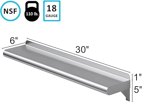 6' x 30' Stainless Steel Wall Shelf | Metal Shelving | Garage, Laundry, Storage, Utility Room | Restaurant, Commercial Kitchen | NSF Certified | - Poueer
