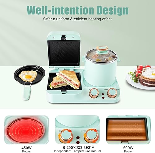 3in1 Breakfast Station, Household Electric Breakfast Maker, Electric Mini Toaster Bread Breakfast Machine Sandwich Maker, Breakfast Sandwich Maker with Frying Pan&Boiling Pot, Food Steamer - Poueer