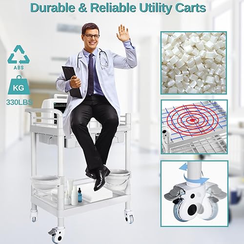 Mobile Medical Cart, 2 Tier Trolley 330 Lbs, with 2 Drawers Carts, Beauty Salon Rolling Trolley with Dirt Buckets, 360° Rotate Wheels, Heavy Duty Medical Utility Cart for Hospital Dental Clinic - Poueer