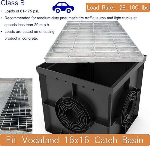 Galvanized Steel Drain Grate with Base, 16x16 Outdoor Drain Cover and Frame, B Class Sewer Grate with Lip, Durable Heavy Duty Channel Grate, Sliver Square Drainage Grate Driveway - Poueer