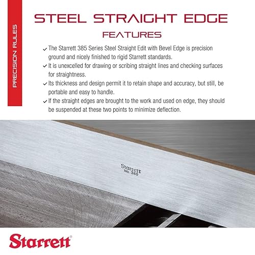 Starrett Steel Straight Edge with Bevel Edge, Not Graduated - 18' (450mm) Length, 11/64' (4.4mm) Thickness, 1-13/32' (36mm) Width, - Poueer
