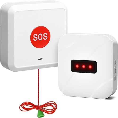 Emergency Call Light System with Pull Cord and Call Button, 60dB 80dB 100dB Adjustable Volume Alarm, Waterproof, 300 Feet Wireless Range, Designed for Accidental Falls in The Bathroom - Poueer
