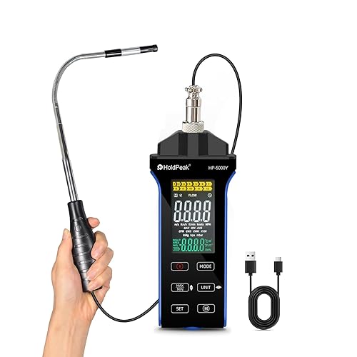 HOLDPEAK Professional Hot-Wire Anemometer, High-Precision Digital CFM/CMM Air Velocity Meter Wind Speed Gauge, HVAC Wind Temperature Tester with Telescopic Probe, Backlit LCD, USB Data Export - Poueer