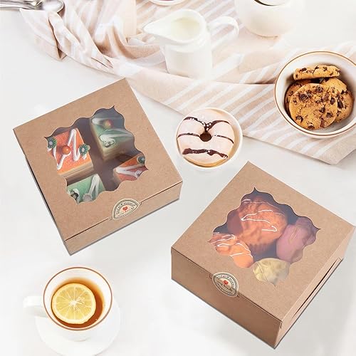 100 pcs 6x6x3 Inches Small Cake Box with Window, Bakery Pastry Cookie Boxes, Mini Pie for Pastry,Dessert,Strawberries,Chocolates, Cupcakes with paper stickers (Brown) - Poueer