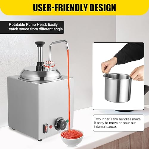 Stainless Steel Sauce Dispenser Pump Station, 3L Electric Sauce Heater Commercial Warmer for Syrup Salad Ketchup Dressing BBQ Seasoning Condiment - Poueer