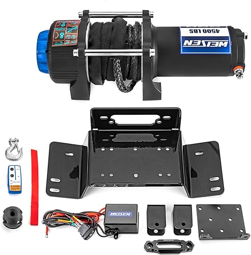 WeiSen 12V Electric 4500lb Winch Kit with Corded Control Rocker Switch and Mount Bracket, Hawse Fairlead and Stopper Compatible with Honda Pioneer 700 4 2014-2024 - Poueer