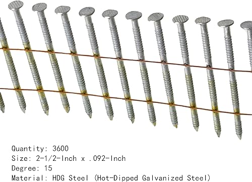 marddpair 1-3/4-Inch x .092-Inch Siding Nails 15-Degree Collated Wire Coil Full RoundHead Ring Shank Hot-Dipped Galvanized 3600 Count for Rough Nailing of Lathing and Sheathing Materials - Poueer