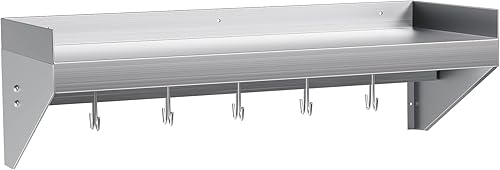 Stainless Steel Shelf 36 * 12 in, Stainless Steel Wall Shelf with 5 Hooks, Kitchen Shelf Wall Shelves Steel Floating Shelf for Kitchen, Commercial Restaurant, Laundry Room, Bar, Microwave - Poueer