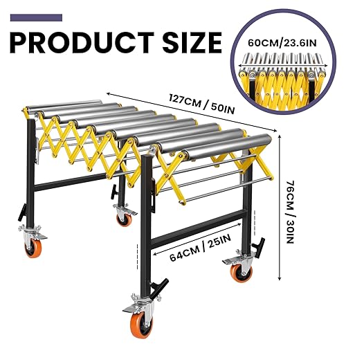 700 LBS Adjustable Conveyor Roller with Wheels, Length 23.6''-52'', Height 30''-50'' Expandable Conveyor Roller, 23'' wide Stainless Steel Roller Conveyor Belt for Warehouse Factory Woodworking Planer - Poueer