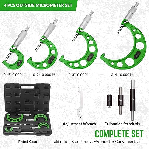 Premium Outside Micrometer Set 0-4' / 0.0001' (0-1'/1-2'/2-3'/3-4') Precision Machinist Tools w/Carbide Tips, Standards, Ratchet Stop, Green - Poueer