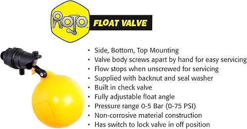 Jobe Valves J-RJV0075HF Rojo High-Flow Low-Pressure Float Valve, 4.9'-Wide Float, 3' Extension Arm, 20L/Min, 75PSI, 3/4' NPT Inlet, Yellow/Black - Poueer