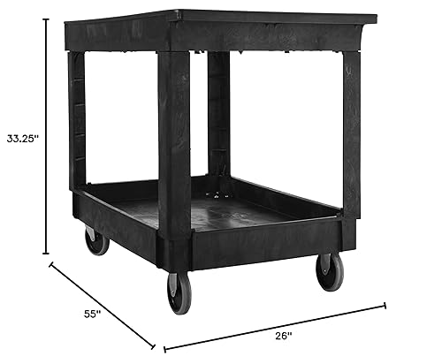 Rubbermaid Commercial Products 2-Shelf Service/Utility Cart with Wheels, 300-Pound Capacity, Black, Lipped Shelves with Handle, Use in School/Restaurant/Warehouse/Manufacturing - Poueer