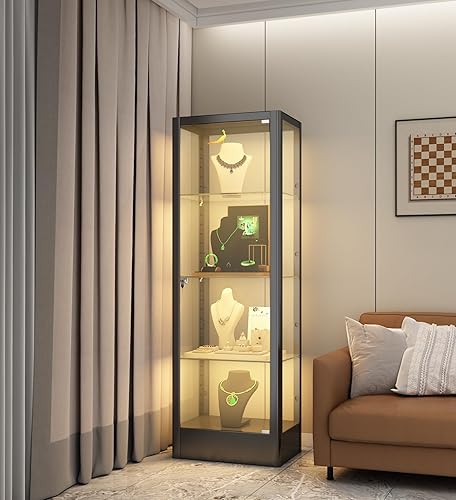 4-Tier Tempered Glass Display Shelf, Showcase with Lock, Glass Cabinets Collection Display Case, Display Case Cabinet for Living Room, Bedroom, Curio Cabinets,20' W*15.75' D*63' H, Black - Poueer
