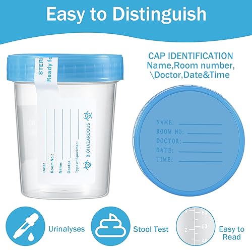 200 Pcs 200 Pcs Urine Specimen Cups with Lids and Evident Seal Urine Sample Cups Collection Cup Disposable for Collection and Testing (Blue Lids) - Poueer