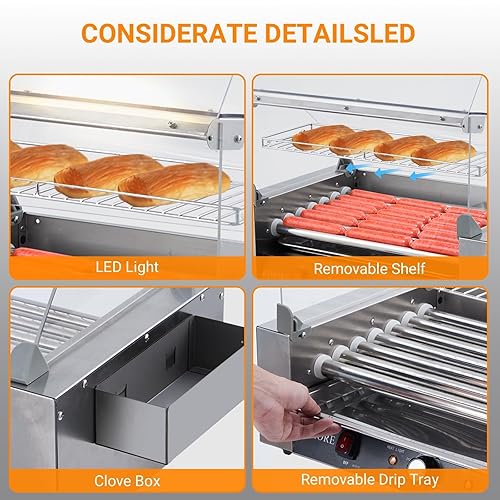 7-Roller Hot Dog Roller Machine with Dual Temperature Control, Holds 18 Hot Dogs, Non-Stick & Stainless Steel, LED Light, for Parties, Events & Food Stalls 1050W - Poueer