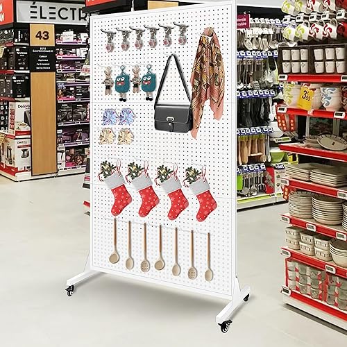 Royxen Metal Pegboard 3.5 x 6 Feet with 50 Hooks, Peg Board Display Stand with Wheels, Standing Pegboard Display, White - Poueer