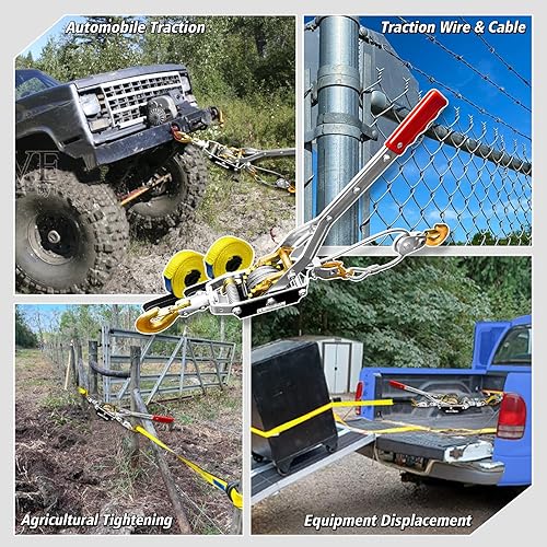 Come Along Winch Ratchet Tool 5 Ton Pulling Capacity 3 Hooks Steel Cable Dual Gear Power Puller with Two 1'x8FT Lifting Straps Hand Winch Cable Automotive Hoist Winch Puller Recovery Gear - Poueer