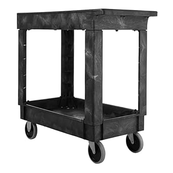 Rubbermaid Commercial Products 2-Shelf Service/Utility Cart with Wheels, 300-Pound Capacity, Black, Lipped Shelves with Handle, Use in School/Restaurant/Warehouse/Manufacturing - Poueer