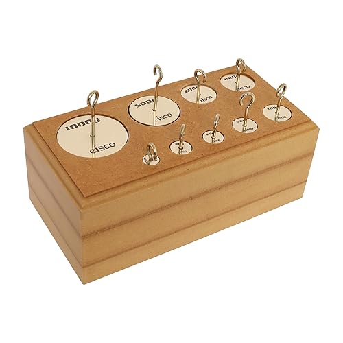 Eisco Labs Hooked Brass Weights, Set of 9 Weights, 10-1000g in Wooden Block - Poueer