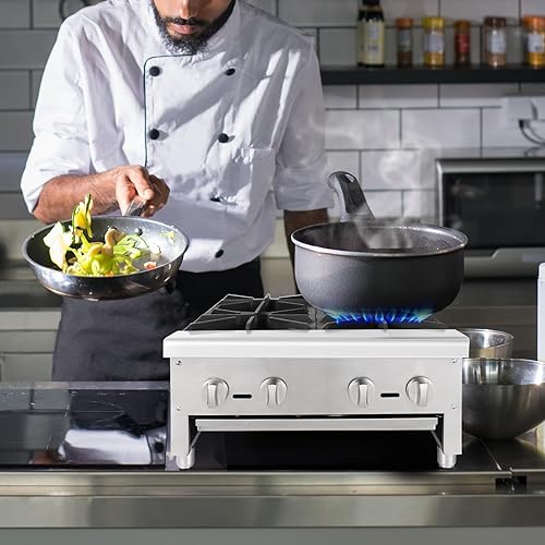 4 Burners Gas Stove, Propane and Natural Gas Commercial Hot Plate, 24' Stainless Steel Wok Countertop Commercial Range, Outdoor Cooker, Restaurant Equipment Gas Stove Burner - Poueer