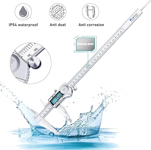 Kynup 0-12 Inch Digital Caliper, Caliper Measuring Tool with Stainless Steel, IP54 Waterproof Protection Design, Easy Switch from Inch Metric Fraction, Large LCD Screen (200mm/300mm) - Poueer