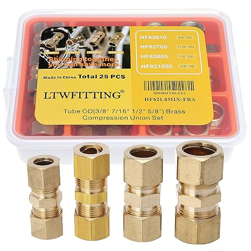 LTWFITTING Assortment Kit Tube OD 3/8' 7/16' 1/2' 5/8' Brass Compression Union Set (Pack of 25) - Poueer