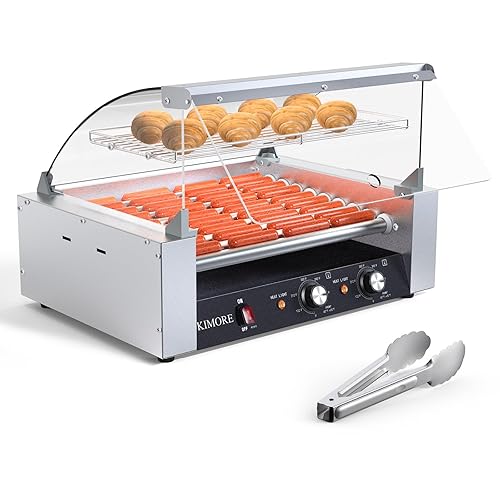 7-Roller Hot Dog Roller Machine with Dual Temperature Control, Holds 18 Hot Dogs, Non-Stick & Stainless Steel, LED Light, for Parties, Events & Food Stalls 1050W - Poueer