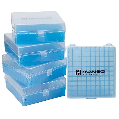 ALWSCI 100 Well Microtube Storage Box, Polypropylene Lockable Vial Holder Rack for 1.5/1.8/2 ml Microcentrifuge Tubes and Autosampler Vials Samples, Blue, 5 Pack - Poueer