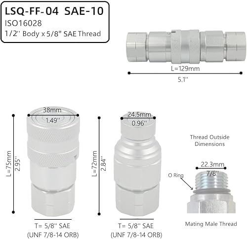 1/2'' NPT Flat Face Hydraulic Quick Connect Coupling Set Skid Steer Loader Quick Disconnect Coupler with Dust Caps ISO12.5 - Poueer