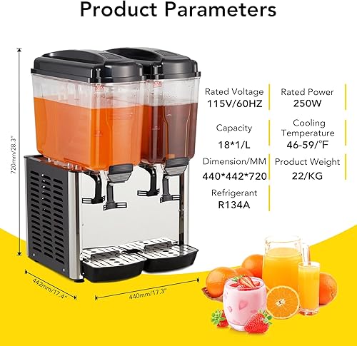 Commercial Beverage Dispenser, 1 Tank 4.8 Gal Stainless Steel Cold Drink Dispenser With 46°F-59°F Cooling Temperature, Large Cold Juice Dispenser for Home and Hospitality - Poueer