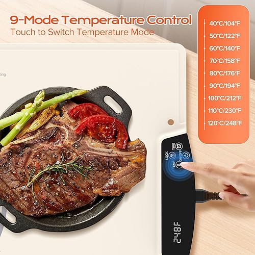 Warming Mat for Food with 9 Temperature Modes, IERZRA Fast Heating & Foldable Food Warmers for Parties, 2-12Hr Auto Shut-Off & Child-Lock Silicone Heating Mat for Food, Holidays, Countertop, Daily Use - Poueer
