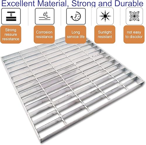 Galvanized Steel Drain Grate with Base, 16x16 Outdoor Drain Cover and Frame, B Class Sewer Grate with Lip, Durable Heavy Duty Channel Grate, Sliver Square Drainage Grate Driveway - Poueer