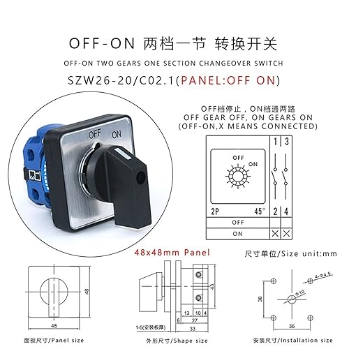 SZW26/LW26-20 20A 660V Off-ON One Pole Two Position 64X64 48X48 mm Panel Electric Rotary Universal Changeover Cam Switch(C02.1 Off ON 48X48mm) - Poueer