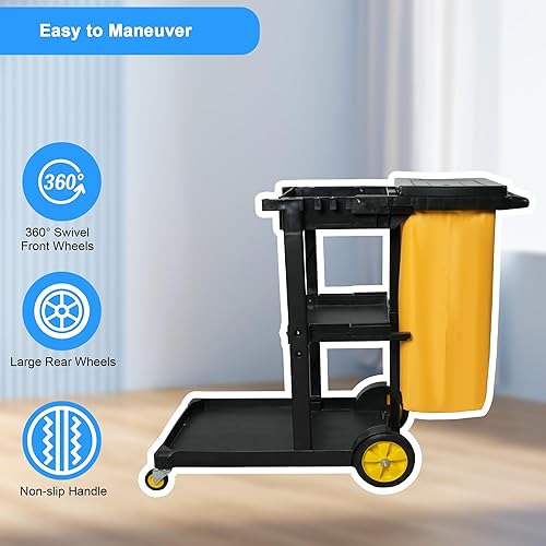 Cleaning Cart on Wheels with 3 Shelves, Commercial Housekeeping Cart- Ideal for Hotels, Business Centers & Apartments, Includes Yellow Garbage Bag & Lid - Poueer