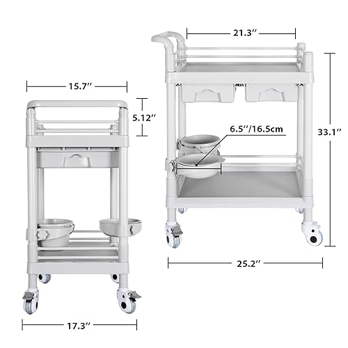 Mobile Medical Cart, 2 Tier Trolley 330 Lbs, with 2 Drawers Carts, Beauty Salon Rolling Trolley with Dirt Buckets, 360° Rotate Wheels, Heavy Duty Medical Utility Cart for Hospital Dental Clinic - Poueer