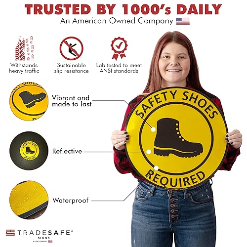 TRADESAFE Safety Glasses Required Anti-Slip Floor Sticker - Eye Protection Required Caution Sign, Peel and Stick Adhesive Vinyl Sign, ANSI-Compliant, 17” Diameter Round Sticker - Poueer