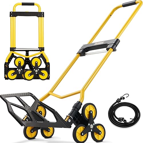 New Version Stair Climbing Dolly, 300LB Capacity Folding Stairs Climber Dolly Cart with Telescoping Handle & Silent Wheel, Stair Climbing Hand Trucks with Elastic Rope for Moving, Shopping, Office Use - Poueer