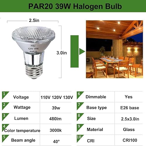 H&Z PAR20 Flood 39W 120V 480 Lumens, High Output 9 Pack 39W PAR20 Halogen Bulb (Equivalent 50W Halogen Bulb), Long Lasting PAR 20 Flood 39Watt 120V with 3000K Warm White, PAR 20 E26 Dimmable - Poueer