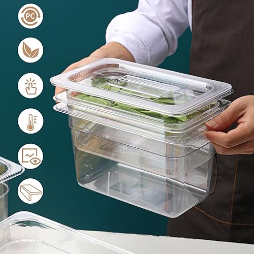 6 Pack 4'' Deep Plastic Clear Food Pan with Lids,Commercial Stackable Polycarbonate Pan with Capacity Indicator,Acrylic Food Storage,Restaurant Supplies for Kitchen (1/4 Size 4''Deep) - Poueer