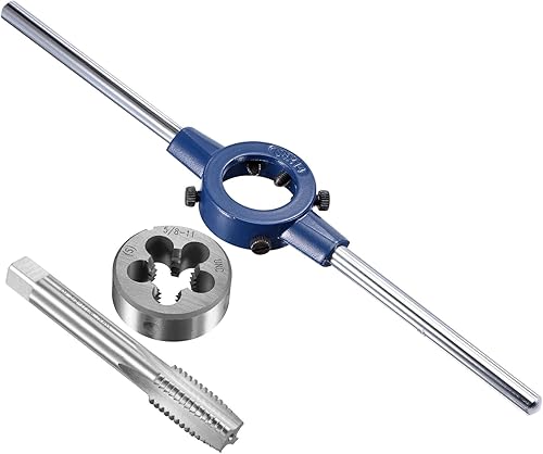 uxcell 5/8-11 UNC Tap and Die Set with 38mm Round Die Stock Handle Wrench, High Speed Steel Machine Thread Tap and Round Die Threading Tool - Poueer
