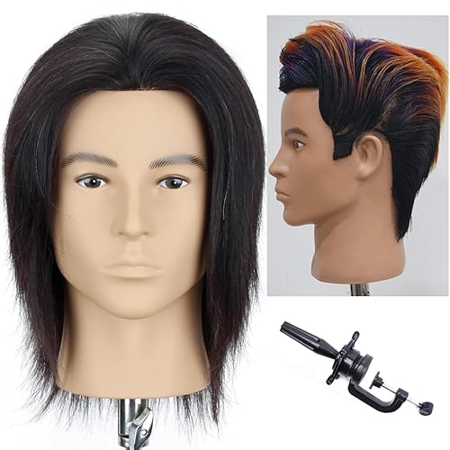 HAIRWAY Male Mannequin Head Human Hair 8 Inch Hairdresser Practice Mannequin Head with 100% Real Human Hair Cosmetology Styling Training Manikin Doll Head with Table Stand Clamp (Natural Black) - Poueer