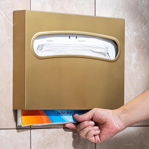 Toilet Seat Cover Dispenser - Enhanced Anti-Fingerprint Coating, HighQuality Stainless Steel, Wall-Mounted for Commercial Bathrooms - Holds 250 Seat Covers - Gold - Poueer