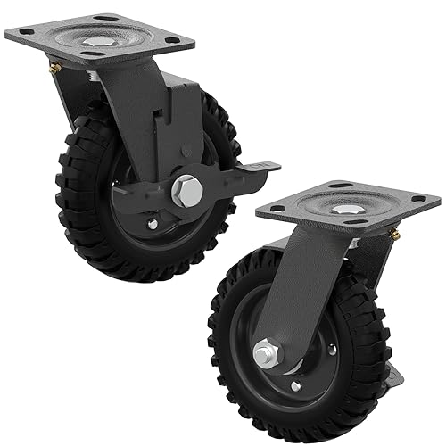 Heavy Duty Caster Wheel 6 Inch,Plate Caster Swivel 2 Pack 500lb Capacity,Solid Rubber,Cast Iron,Brake Casters for Flat Carts,Workbench,Dolly,Trolley - Poueer